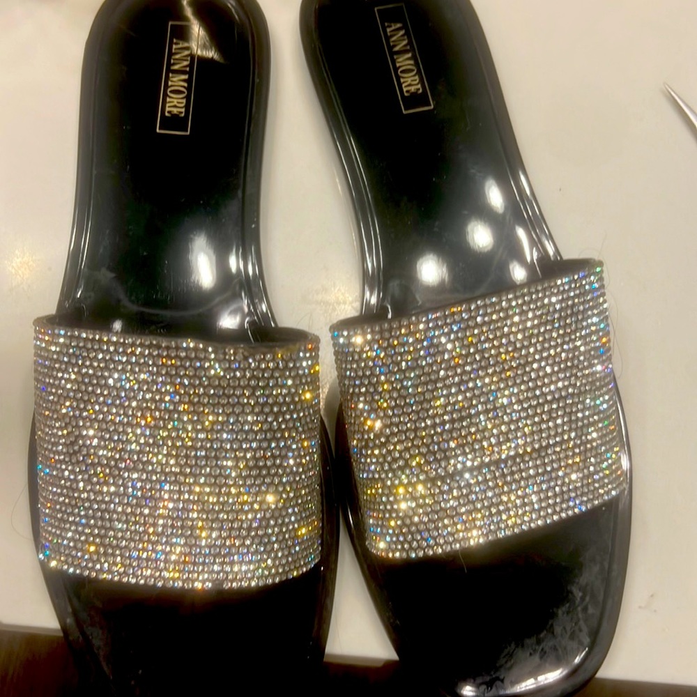 Black bling flat slip on